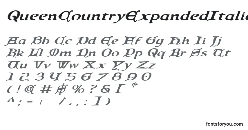 Schriftart QueenCountryExpandedItalic – Alphabet, Zahlen, spezielle Symbole