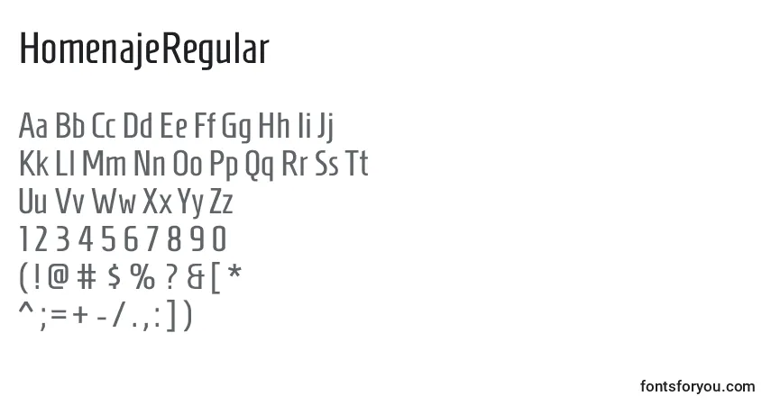 Czcionka HomenajeRegular – alfabet, cyfry, specjalne znaki