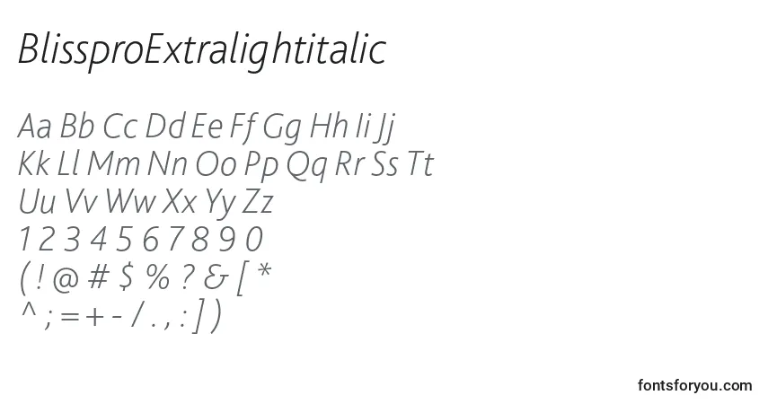 A fonte BlissproExtralightitalic – alfabeto, números, caracteres especiais