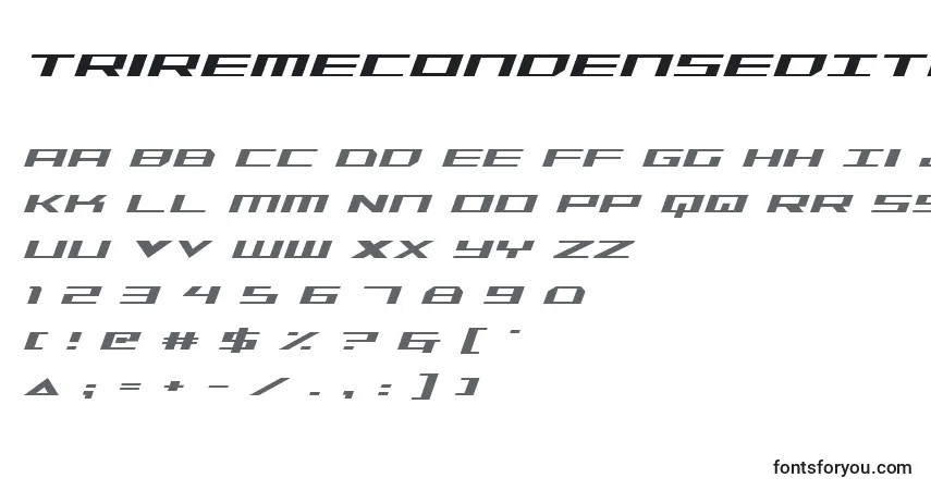 Czcionka TriremeCondensedItalic – alfabet, cyfry, specjalne znaki