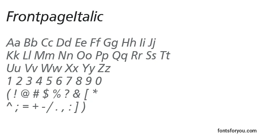 Шрифт FrontpageItalic – алфавит, цифры, специальные символы