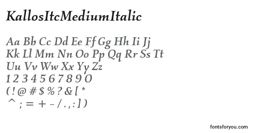 Czcionka KallosItcMediumItalic – alfabet, cyfry, specjalne znaki