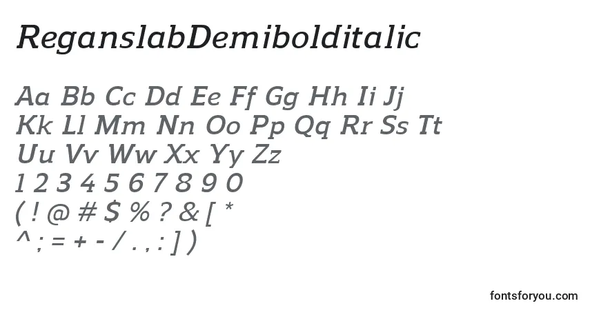 A fonte ReganslabDemibolditalic – alfabeto, números, caracteres especiais