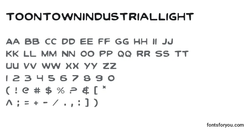 Czcionka ToonTownIndustrialLight – alfabet, cyfry, specjalne znaki