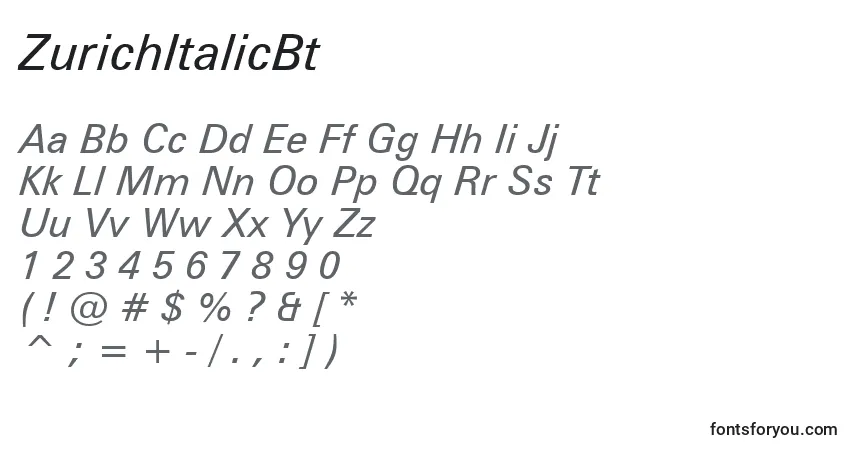Шрифт ZurichItalicBt – алфавит, цифры, специальные символы