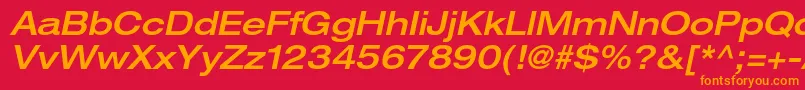HelveticaneueltstdMdexo-Schriftart – Orangefarbene Schriften auf rotem Hintergrund
