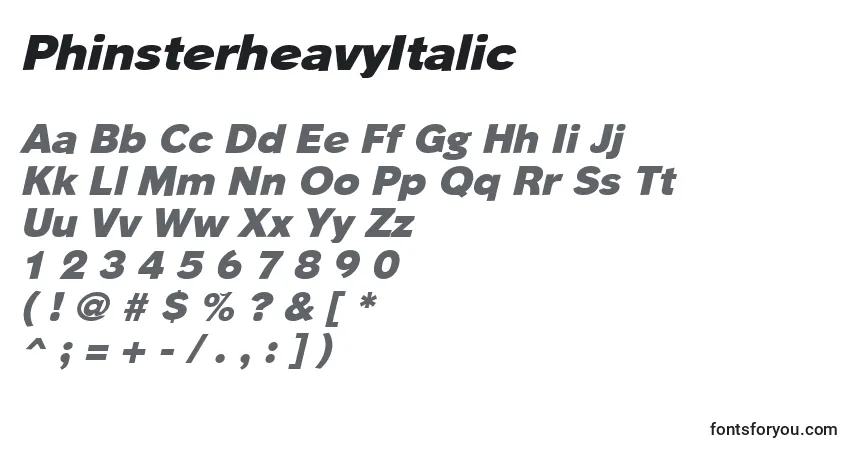 Czcionka PhinsterheavyItalic – alfabet, cyfry, specjalne znaki