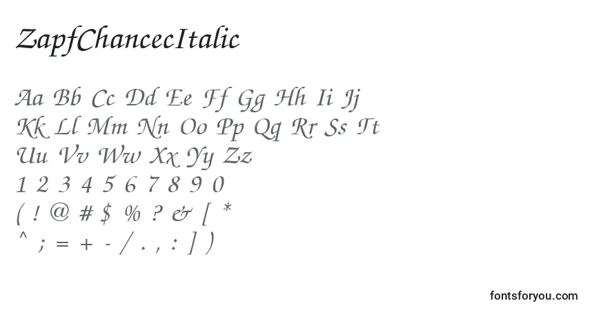 Шрифт ZapfChancecItalic – алфавит, цифры, специальные символы
