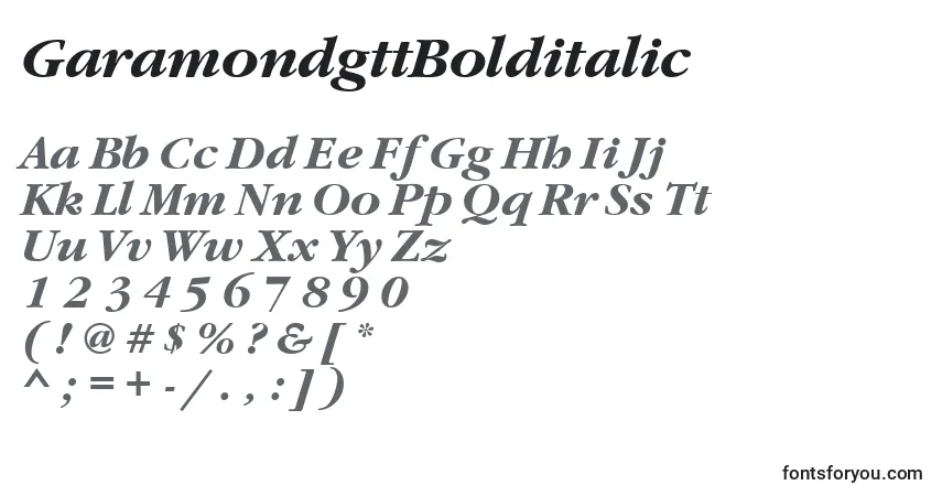 A fonte GaramondgttBolditalic – alfabeto, números, caracteres especiais