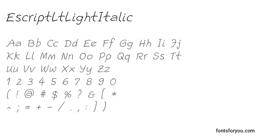 Шрифт EscriptLtLightItalic – алфавит, цифры, специальные символы