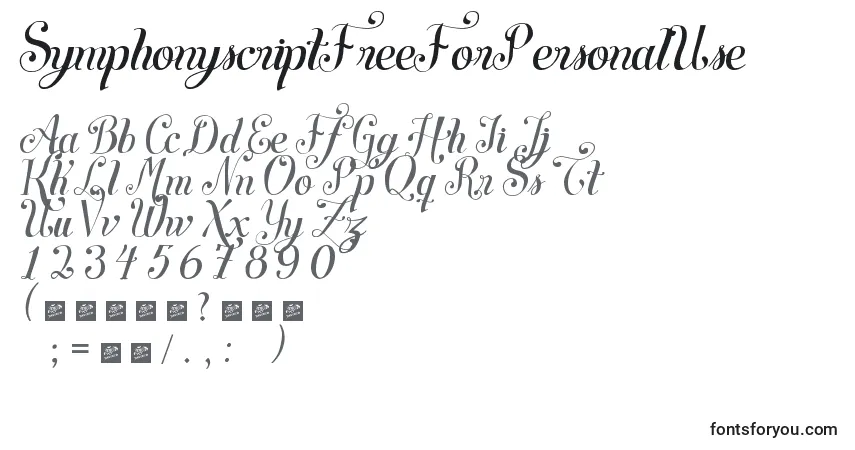 Czcionka SymphonyscriptFreeForPersonalUse – alfabet, cyfry, specjalne znaki