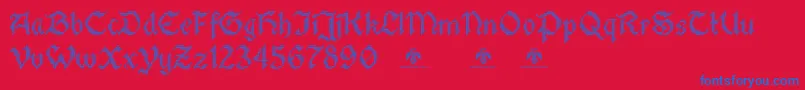 StitchwarriorDemo-Schriftart – Blaue Schriften auf rotem Hintergrund