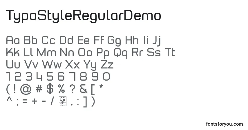 Schriftart TypoStyleRegularDemo – Alphabet, Zahlen, spezielle Symbole
