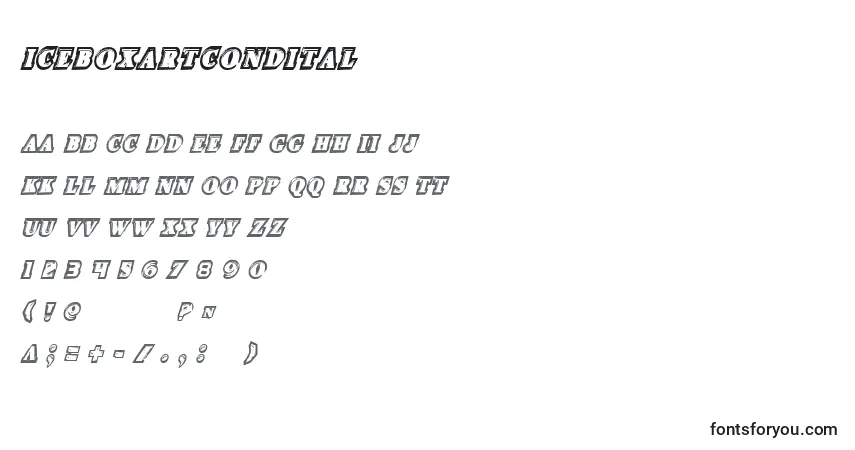 Czcionka Iceboxartcondital – alfabet, cyfry, specjalne znaki