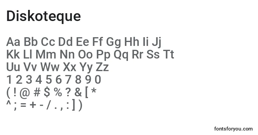 A fonte Diskoteque – alfabeto, números, caracteres especiais