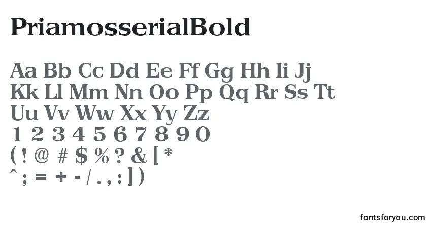 A fonte PriamosserialBold – alfabeto, números, caracteres especiais
