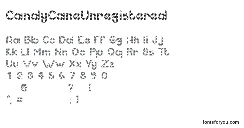 Schriftart CandyCaneUnregistered – Alphabet, Zahlen, spezielle Symbole