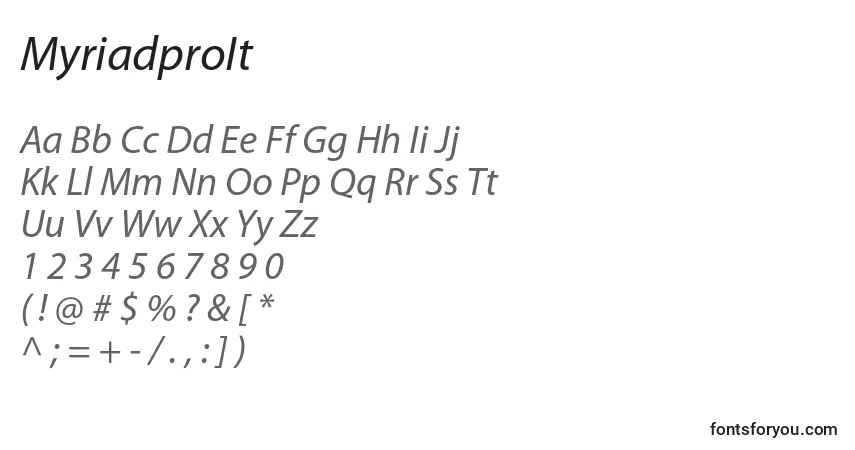 A fonte MyriadproIt – alfabeto, números, caracteres especiais