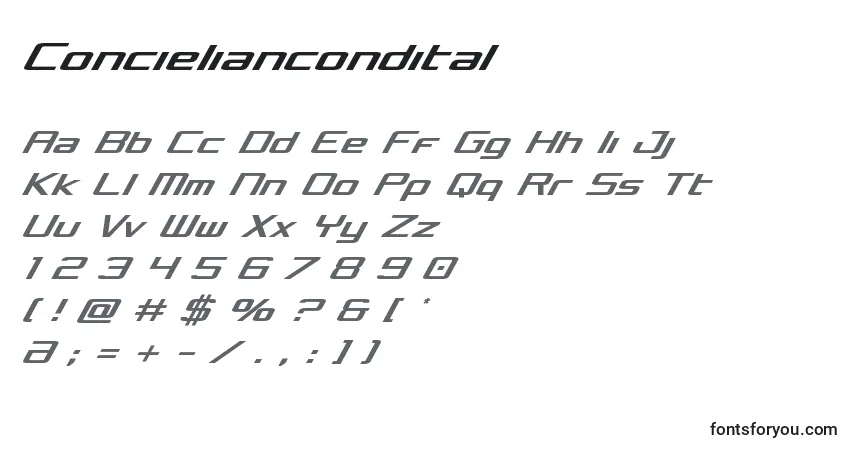 Schriftart Concieliancondital – Alphabet, Zahlen, spezielle Symbole
