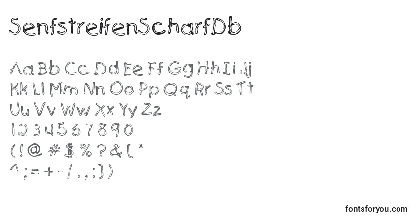 Шрифт SenfstreifenScharfDb – алфавит, цифры, специальные символы