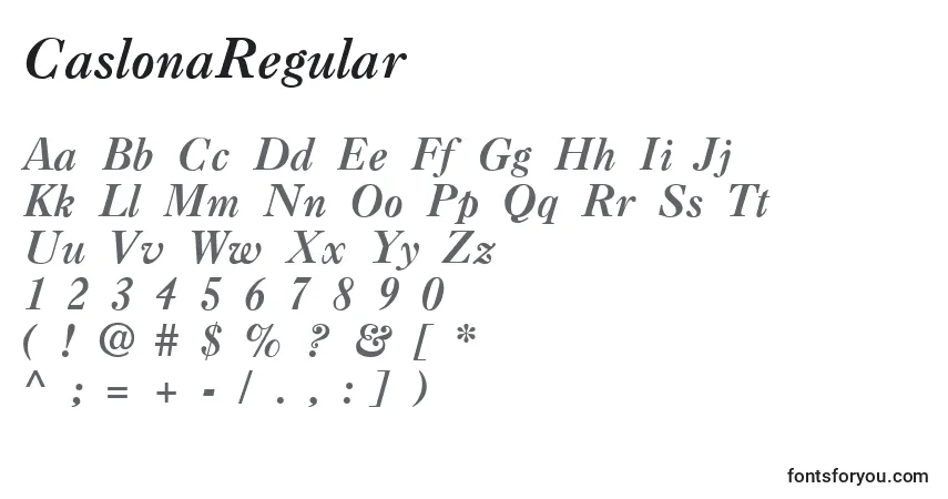 A fonte CaslonaRegular – alfabeto, números, caracteres especiais