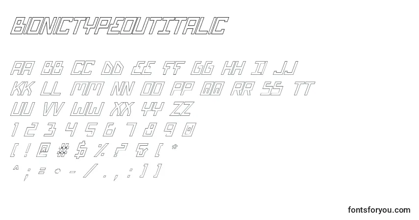 Schriftart BionicTypeOutItalic – Alphabet, Zahlen, spezielle Symbole