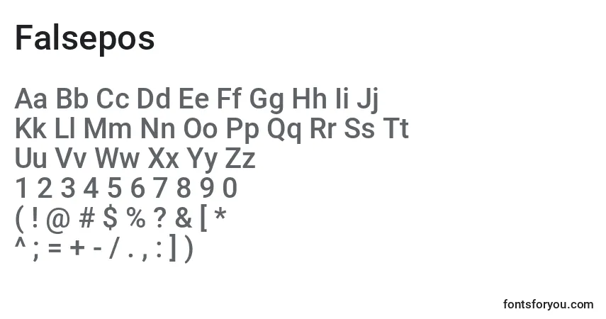 Czcionka Falsepos – alfabet, cyfry, specjalne znaki