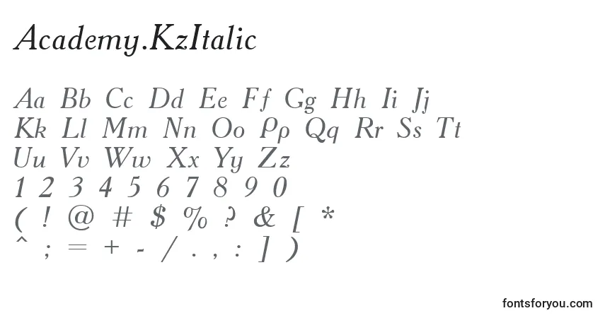 Czcionka Academy.KzItalic – alfabet, cyfry, specjalne znaki