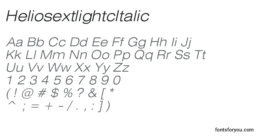 Czcionka HeliosextlightcItalic – alfabet, cyfry, specjalne znaki