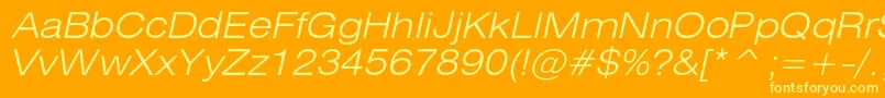 HeliosextlightcItalic-Schriftart – Gelbe Schriften auf orangefarbenem Hintergrund