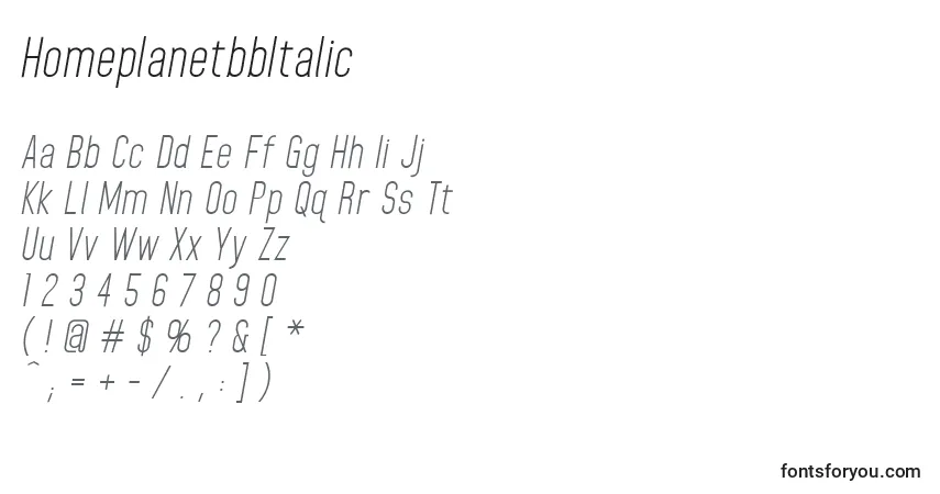 Шрифт HomeplanetbbItalic (92234) – алфавит, цифры, специальные символы