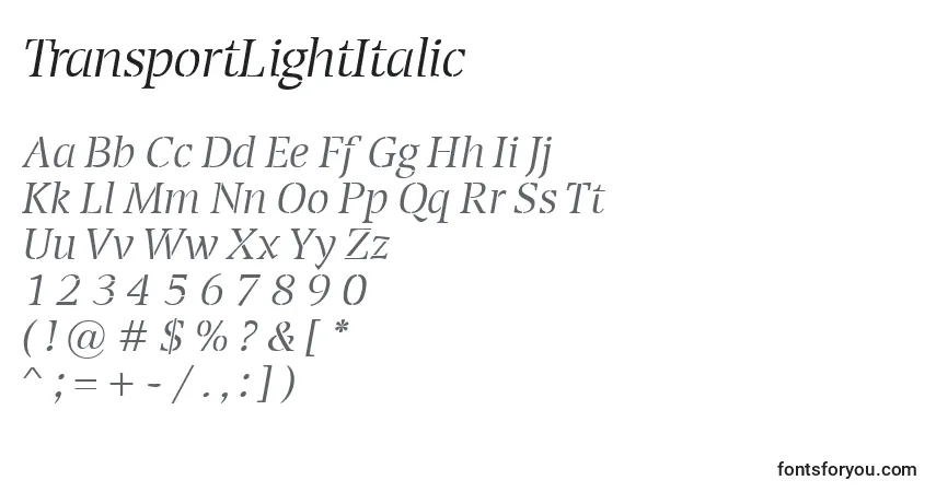 A fonte TransportLightItalic – alfabeto, números, caracteres especiais