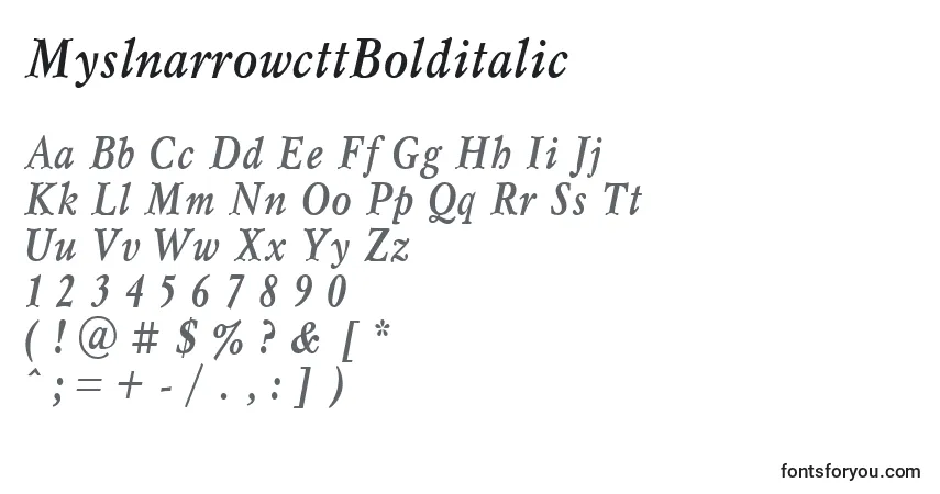 A fonte MyslnarrowcttBolditalic – alfabeto, números, caracteres especiais