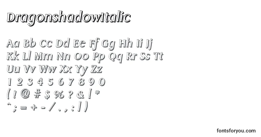 A fonte DragonshadowItalic – alfabeto, números, caracteres especiais