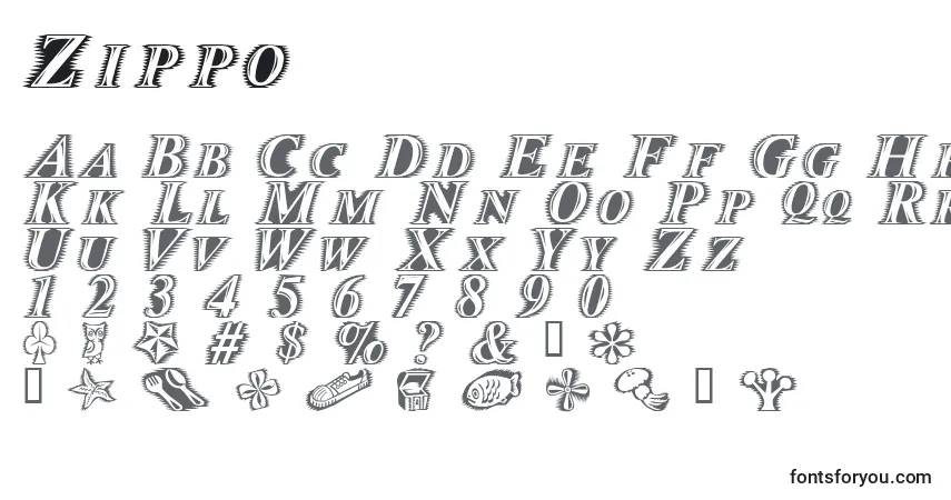 Schriftart Zippo – Alphabet, Zahlen, spezielle Symbole