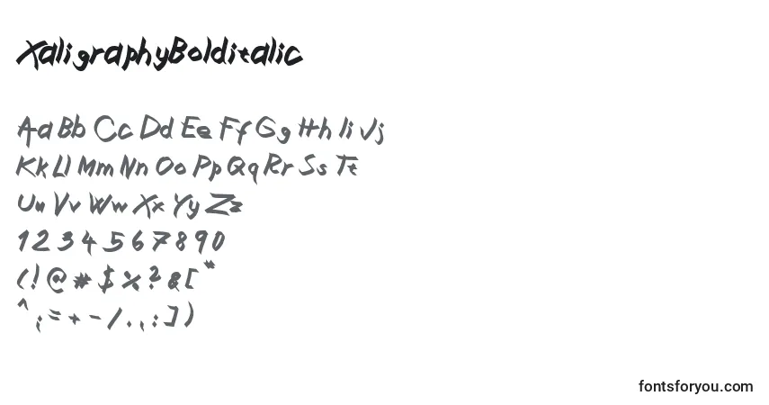 A fonte XaligraphyBolditalic – alfabeto, números, caracteres especiais
