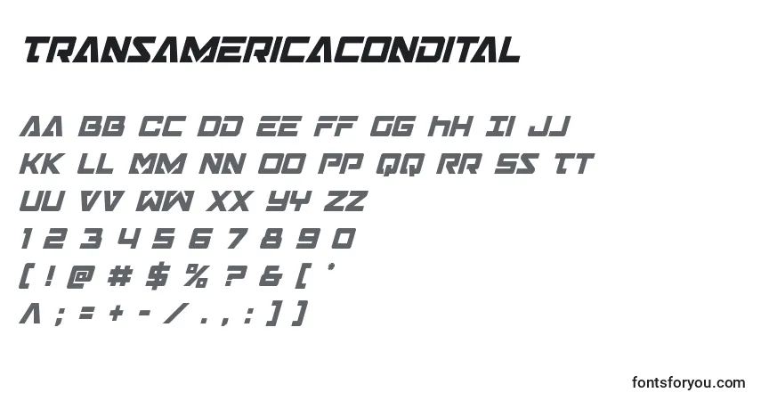 Шрифт Transamericacondital – алфавит, цифры, специальные символы