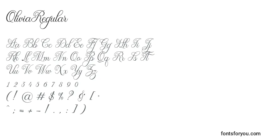 Schriftart OliviaRegular (92307) – Alphabet, Zahlen, spezielle Symbole