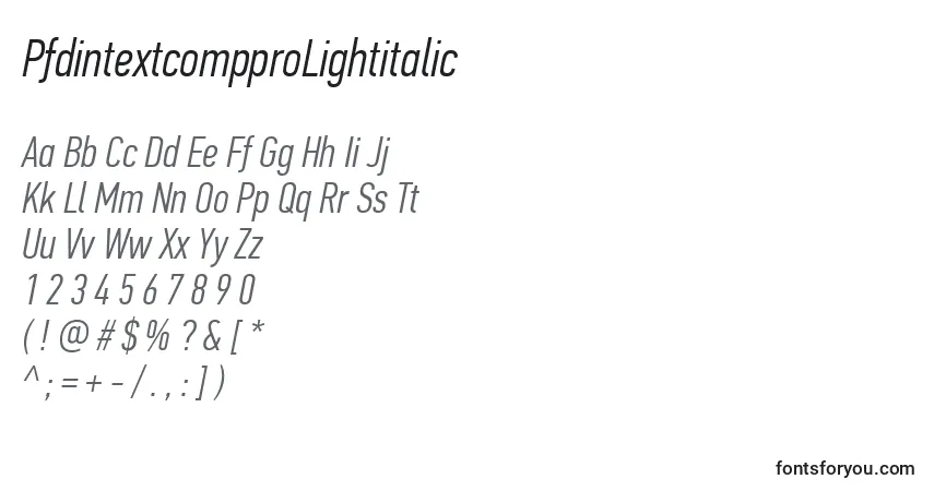 A fonte PfdintextcompproLightitalic – alfabeto, números, caracteres especiais