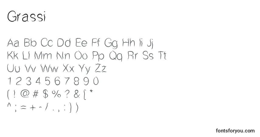 A fonte Grassi – alfabeto, números, caracteres especiais