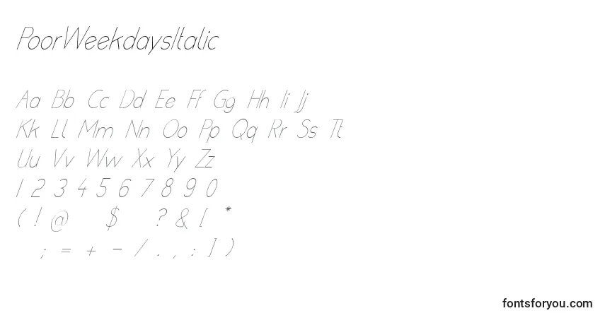 PoorWeekdaysItalic Font – alphabet, numbers, special characters