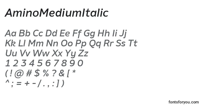 Czcionka AminoMediumItalic – alfabet, cyfry, specjalne znaki