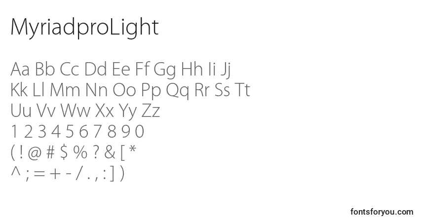 A fonte MyriadproLight – alfabeto, números, caracteres especiais