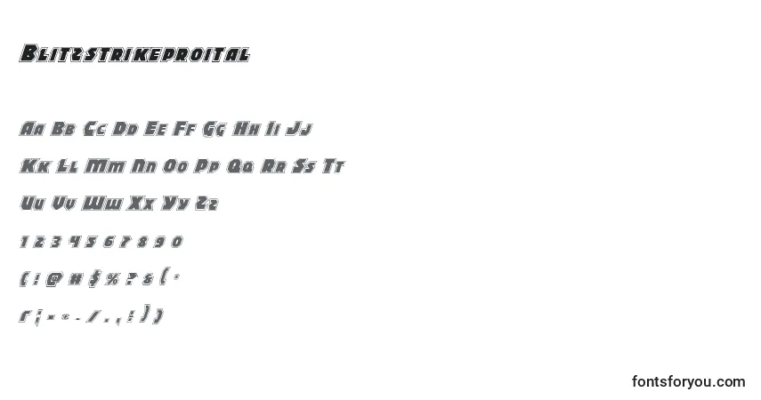 Schriftart Blitzstrikeproital – Alphabet, Zahlen, spezielle Symbole