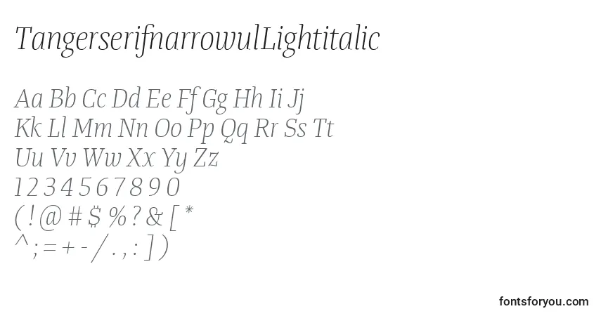 Шрифт TangerserifnarrowulLightitalic – алфавит, цифры, специальные символы