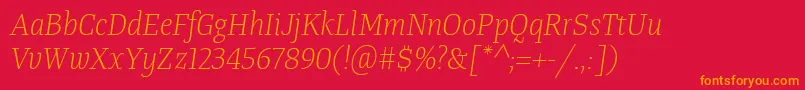 TangerserifnarrowulLightitalic-Schriftart – Orangefarbene Schriften auf rotem Hintergrund