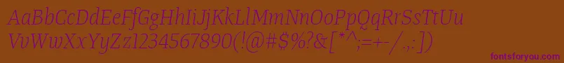 Fonte TangerserifnarrowulLightitalic – fontes roxas em um fundo marrom
