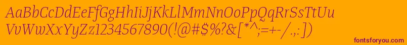 Fonte TangerserifnarrowulLightitalic – fontes roxas em um fundo laranja