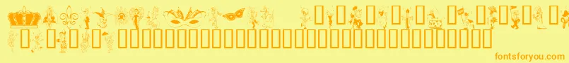 Weitere Informationen zur KrMardiGras-Schriftart KrMardiGras-Schriftart – Orangefarbene Schriften auf gelbem Hintergrund
