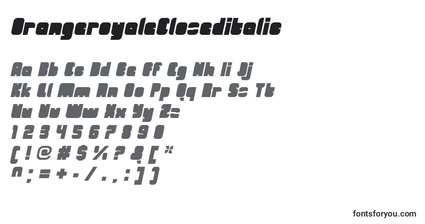 A fonte OrangeroyaleCloseditalic – alfabeto, números, caracteres especiais